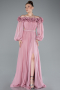 Powder Color Floral Boat Neck Long Sleeve Chiffon Prom Gown ABU4130