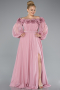 Powder Color Boat Neck Long Sleeve Plus Size Chiffon Prom Gown ABU4131