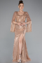 Gold Slit Shawl Sleeve Long Special Design Beaded Evening Dress ABU5002