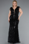Black Beaded Detailed V Neck Long Sequined Plus Size Evening Gown ABU6146