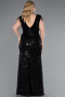 Black Beaded Detailed V Neck Long Sequined Plus Size Evening Gown ABU6146