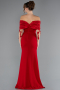 Red Boat Neck Guipure Long Sleeve Fishtail Evening Dress ABU4343