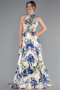Very Colorful Halter Neck Cut Out Long Printed Satin Evening Gown ABU4686