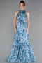 Oil Green Halter Neck Cut Out Long Printed Satin Evening Gown ABU4686