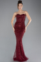 Burgundy Strapless Shawl Stoned Long Evening Gown ABU4517