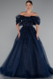 Navy Blue Boat Neck Embroidered Long Plus Size Special Design Dress ABU4722