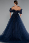 Navy Blue Boat Neck Embroidered Long Plus Size Special Design Dress ABU4722