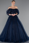 Navy Blue Boat Neck Embroidered Long Special Design Princess Dress ABU4720