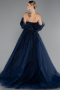 Navy Blue Boat Neck Embroidered Long Special Design Princess Dress ABU4720
