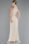 Beige Halter Neck Long Beaded Mermaid Evening Gown ABU4791