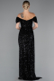 Black Boat Neck Slit Long Sequin Evening Gown ABU4843