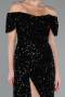 Black Boat Neck Slit Long Sequin Evening Gown ABU4843
