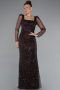 Dark Brown Long Sleeve Stone Embellished Satin Train Evening Dress ABU4603
