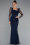 Navy Blue Long Sleeve Square Neckline Beaded Portable Tails Evening Gown ABU4603