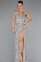 Beige Strapless Underwire Slit Long Sequin Evening Gown ABU4842