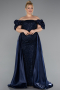 Long Navy Blue Beaded Plus Size Evening Dress ABU5155