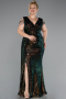 Rins V Neck Long Sequined Slit Plus Size Evening Dress ABU4886