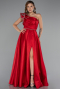 Red One Shoulder High Slit Long Taffeta Prom Evening Dress ABU4782