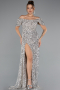 Beige Boat Neck Slit Long Sequin Evening Gown ABU4843