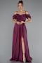 Plum Off The Shoulder Slit Long Satin Prom Dress ABU4703
