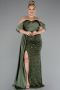 Olive Drab Boat Neck Long Sequined Plus Size Evening Gown ABU4086