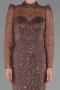 Brown Long Sleeve High Collar Stoned Evening Gown ABU4526
