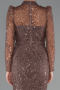 Brown Long Sleeve High Collar Stoned Evening Gown ABU4526