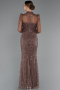 Brown Long Sleeve High Collar Stoned Evening Gown ABU4526