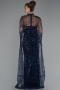 Navy Blue Strapless Shawl Stoned Long Evening Gown ABU4517