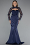 Navy Blue Long Sleeve Bustier Detailed Sequin Train Satin Evening Gown ABU4765