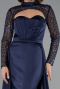Navy Blue Long Sleeve Bustier Detailed Sequin Train Satin Evening Gown ABU4765