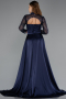 Navy Blue Long Sleeve Bustier Detailed Sequin Train Satin Evening Gown ABU4765