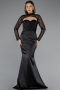 Black Long Sleeve Bustier Detailed Sequin Train Satin Evening Gown ABU4765