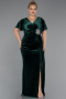 Emerald Green Short Sleeve Slit Long Velvet Plus Size Evening Dress ABU4317