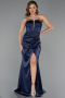 Long Navy Blue Satin Prom Gown ABU5417