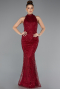 Burgundy Halter Neck Long Beaded Mermaid Evening Gown ABU4791