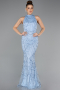 Light Blue Halter Neck Long Beaded Mermaid Evening Gown ABU4791