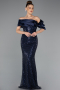 Long Navy Blue Beaded Evening Dress ABU5434