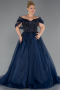 Navy Blue Off The Shoulder Stoned Plus Size Ball Gown Prom Dress ABU4747