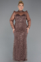 Brown Long Sleeve High Collar Stoned Plus Size Evening Gown ABU4527