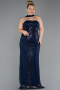 Long Navy Blue Beaded Plus Size Evening Gown ABU5495