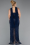 Long Navy Blue Beaded Plus Size Evening Gown ABU5495