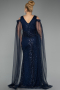 Long Navy Blue Beaded Plus Size Evening Gown ABU5498