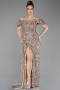 Light Gold Boat Neck Slit Long Sequin Evening Gown ABU4843