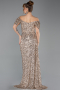 Light Gold Boat Neck Slit Long Sequin Evening Gown ABU4843
