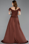 Brown Boat Neck Slit Long Satin Prom Gown ABU4508