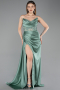 Mint Transparent Top Strapless Slit Long Satin Evening Gown ABU6141