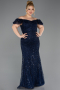 Long Navy Blue Beaded Plus Size Evening Dress ABU5548