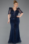 Long Navy Blue Beaded Plus Size Evening Gown ABU5692