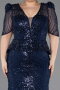 Long Navy Blue Beaded Plus Size Evening Gown ABU5692